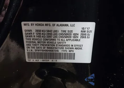 2017 Honda Pilot Elite from USA, damaged, VIN 5FNYF6H06HB087246